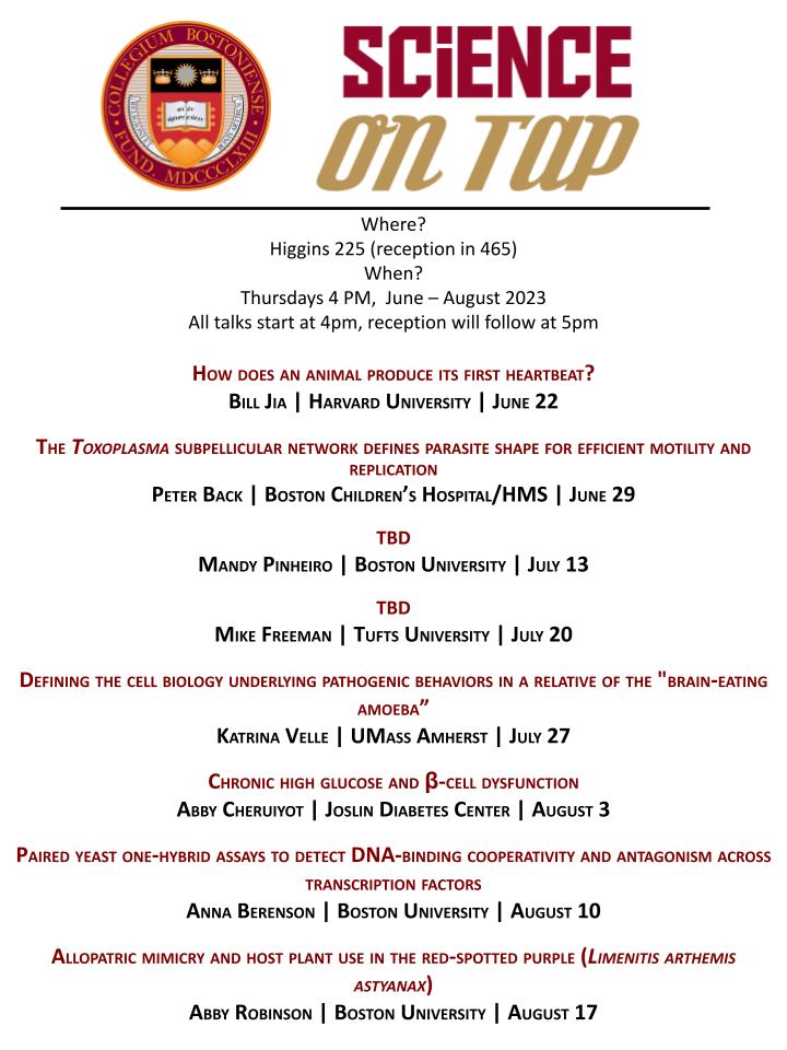 science_tap's tweet photo. Summer is in full swing and we can't wait to hear about the amazing biology happening around Boston! ☀️🧬🥼🧫
The 2023 Science on Tap seminar series will be hosting the following speakers this summer: https://t.co/HXsK9tw2nB