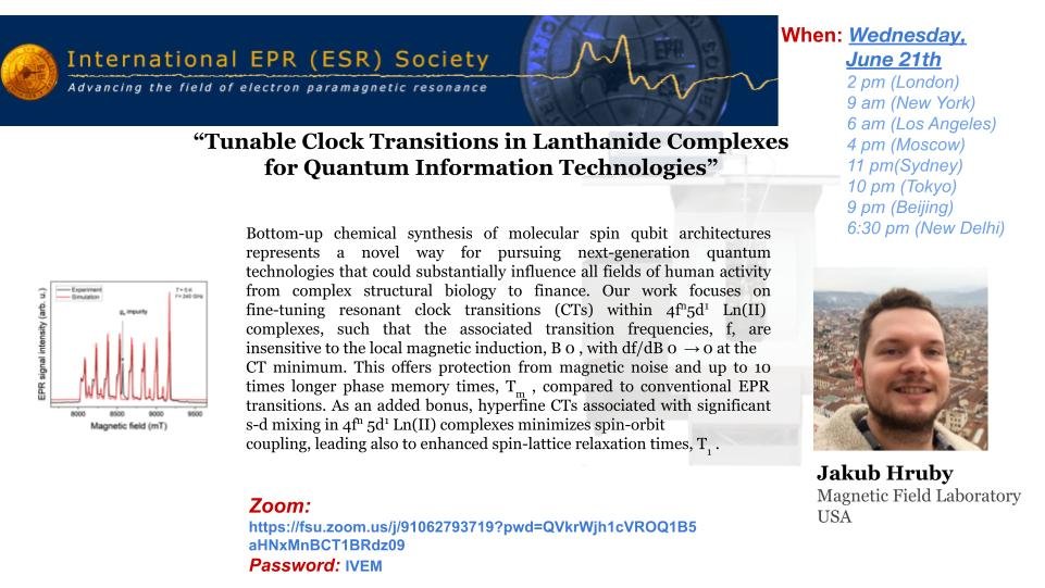 IVEM_meeting's tweet image. The next IVEM meeting is scheduled for Wednesday, June 21, 2023, at 9 am in New York/EST (3 pm Frankfurt). Join us to hear Jakub Hruby present on "Tunable clock transitions in lanthanide complexes for quantum information technologies." #IVEM #epr fsu.zoom.us/j/91062793719?…