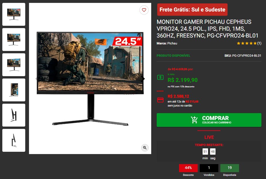 Monitor Gamer Pichau Cepheus VPRO24, 24.5 Pol., IPS, FHD, 1ms, 360Hz,  FreeSync, PG-CFVPRO24-BL01