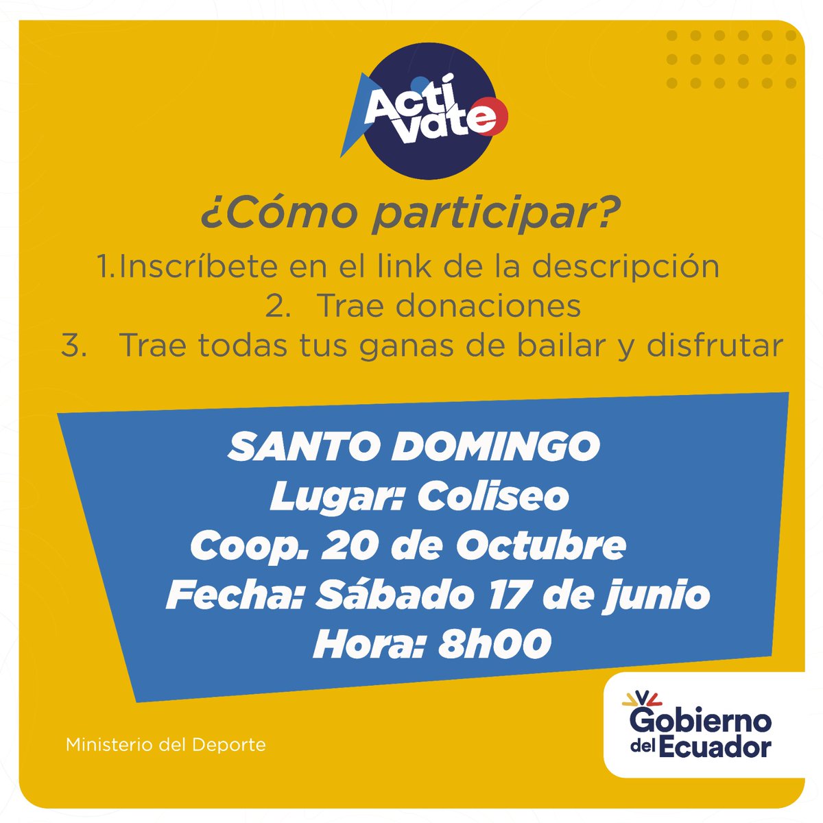 ¡Atención Santo Domingo!

Te esperamos este sábado desde las 08h00, para que formes parte de la Bailomaratón #Actívate, que es en beneficio de los damnificados de Esmeraldas.

#TodosConEsmeraldas