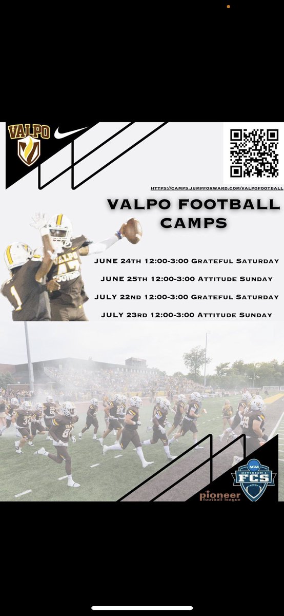 RJ Ghilarducci (@coach_rjg) on Twitter photo 🚨Want to EARN an offer?!🚨
The first <a href="/valpoufootball/">Valpo Football</a> camps are next weekend!
Nearly 1/3 of our current roster was offered at a past camp 🔥
Spots are limited and filling up fast!
Hit that QR Code and come prove you can ball at the D1 level! 😤 🚨Want to EARN an offer?!🚨
The first <a href="/valpoufootball/">Valpo Football</a> camps are next weekend!
Nearly 1/3 of our current roster was offered at a past camp 🔥
Spots are limited and filling up fast!
Hit that QR Code and come prove you can ball at the D1 level! 😤