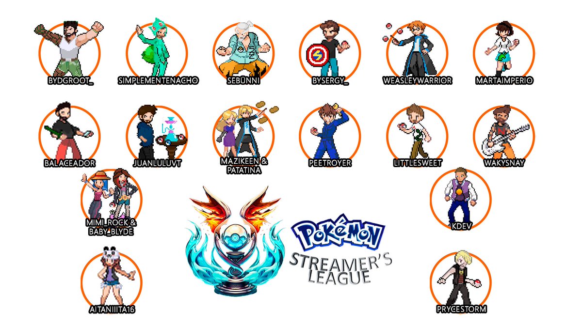 Acá están los 16 valientes que se van a enfrentar a la aventura de la primera Pokemon Streamers League.

Les deseo la mejor de las suertes, y espero que lo disfruten por todo el trabajo que hubo detras para que esto sea posible!