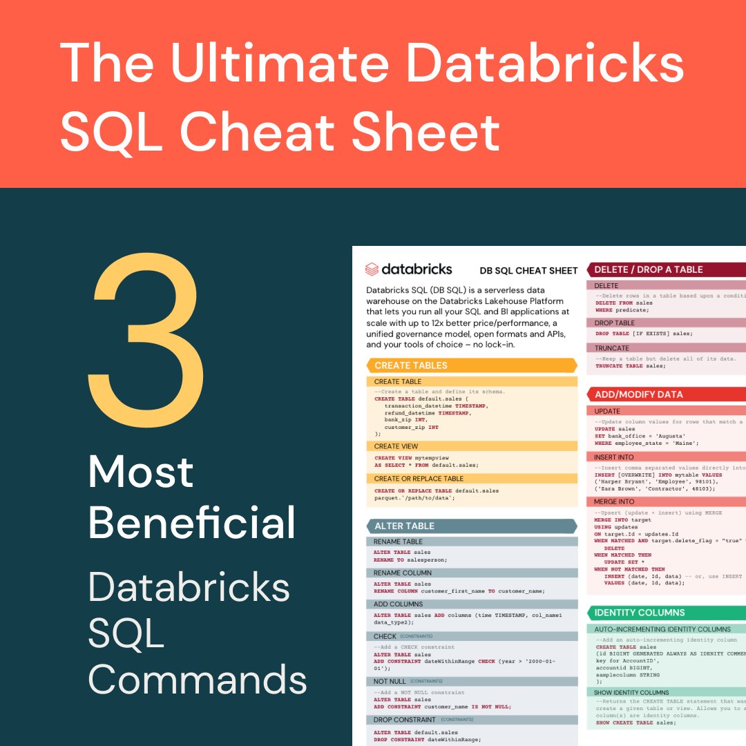 Looking to get the most out of #DatabricksSQL (especially so you can enjoy that price/performance advantage)?

Download our DBSQL cheat sheet, which provides the most commonly-needed syntax so you can maximize your productivity: bit.ly/3qKN4UM