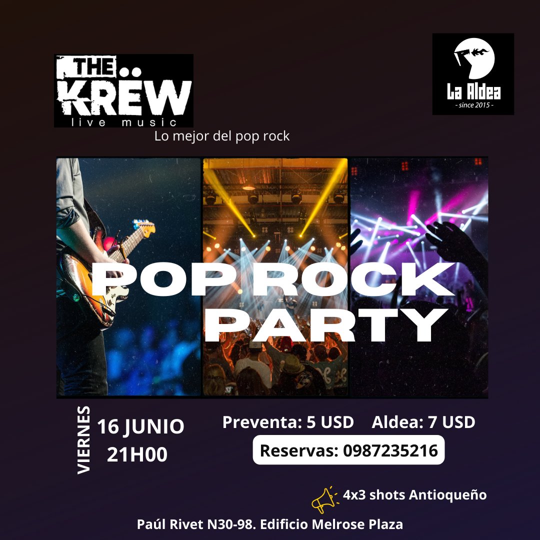 LaAldeaPub's tweet photo. Esta noche te invitamos a disfrutar y a bailar con las mejores canciones del Pop Rock, junto a la banda The Krew. 

¡Te esperamos!

Aprovecha nuestra promoción de 4x3 en shots de Antioqueño. 

#MúsicaEnVivo #viernes #nightlife #quitoparty #poprock #rock #laaldeapub #comida https://t.co/EZVZSqwe3X