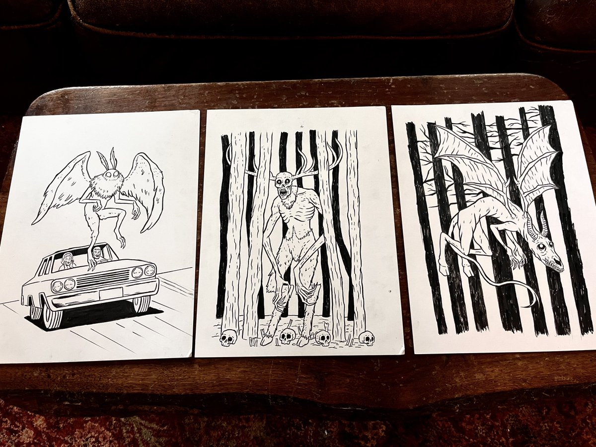 Check it out. I’ve never shown anybody these, but Derek Quinlan (<a href="/landofquin/">Derek Quinlan</a>), the gifted artist behind the illustrations in THE UNITED STATES OF CRYPTIDS, gave me the original drawings for the Mothman, Wendigo, and Jersey Devil. Some of my prized possessions.