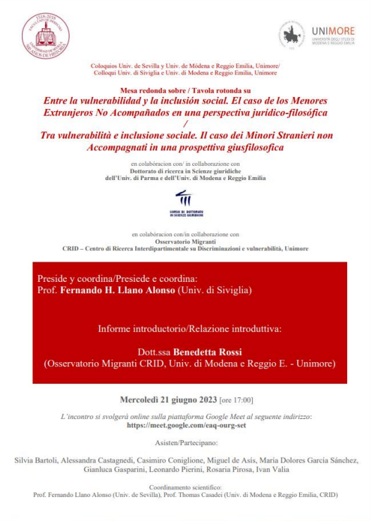 El próximo miércoles 21 de junio, a las 17 hrs., tendrá lugar la segunda edición de los “Coloquios entre jóvenes doctorandos de las Universidades de Modena-Reggio Emilia y Sevilla”. 
Esta sesión se podrá seguir online en la siguiente dirección: meet.google.com/eaq-ourg-set