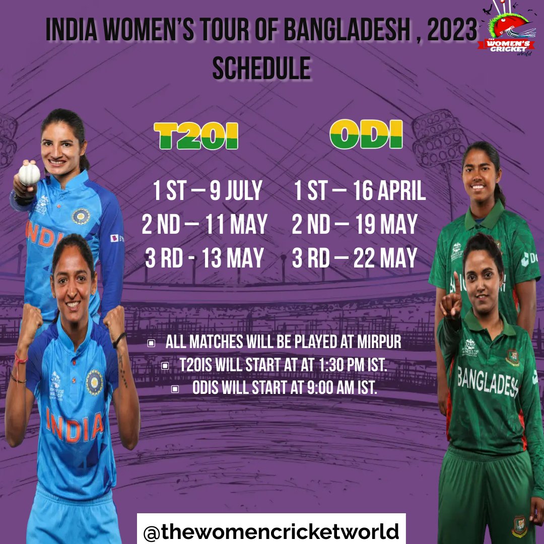 India Women's Tour of Bangladesh 2023 schedule 

Matches will be played from 9th to 22nd July

Are you excited ?🤔

#CricketTwitter #womeninblue 
#Indianwomenteam
