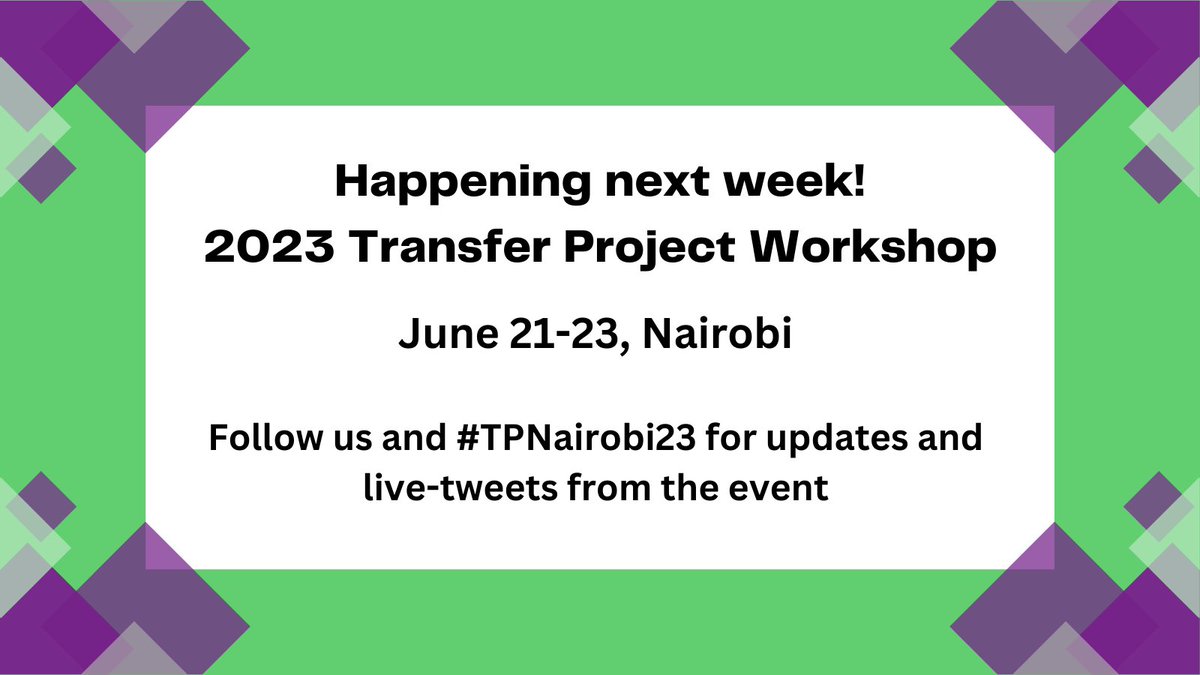 📢 Exciting News! 🎉 The Transfer Project Workshop is back in Nairobi, Kenya June 21-23. Follow us for live insights from the event on #cashtransfers, #equity, #resilience, and more.
#TPNairobi23 <a href="/UNICEFInnocenti/">UNICEF Innocenti</a> <a href="/FAOSocioEcon/">FAO Social & Economic Development</a> <a href="/UNICEFAfrica/">UNICEF Africa</a> <a href="/FAOAfrica/">FAO in Africa</a>