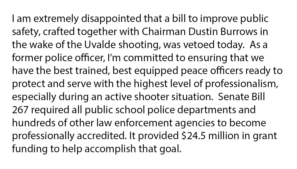 My statement on @GovAbbott’s veto of SB 267, crafted together with @Burrows4tx and @LtGovTX #txlege