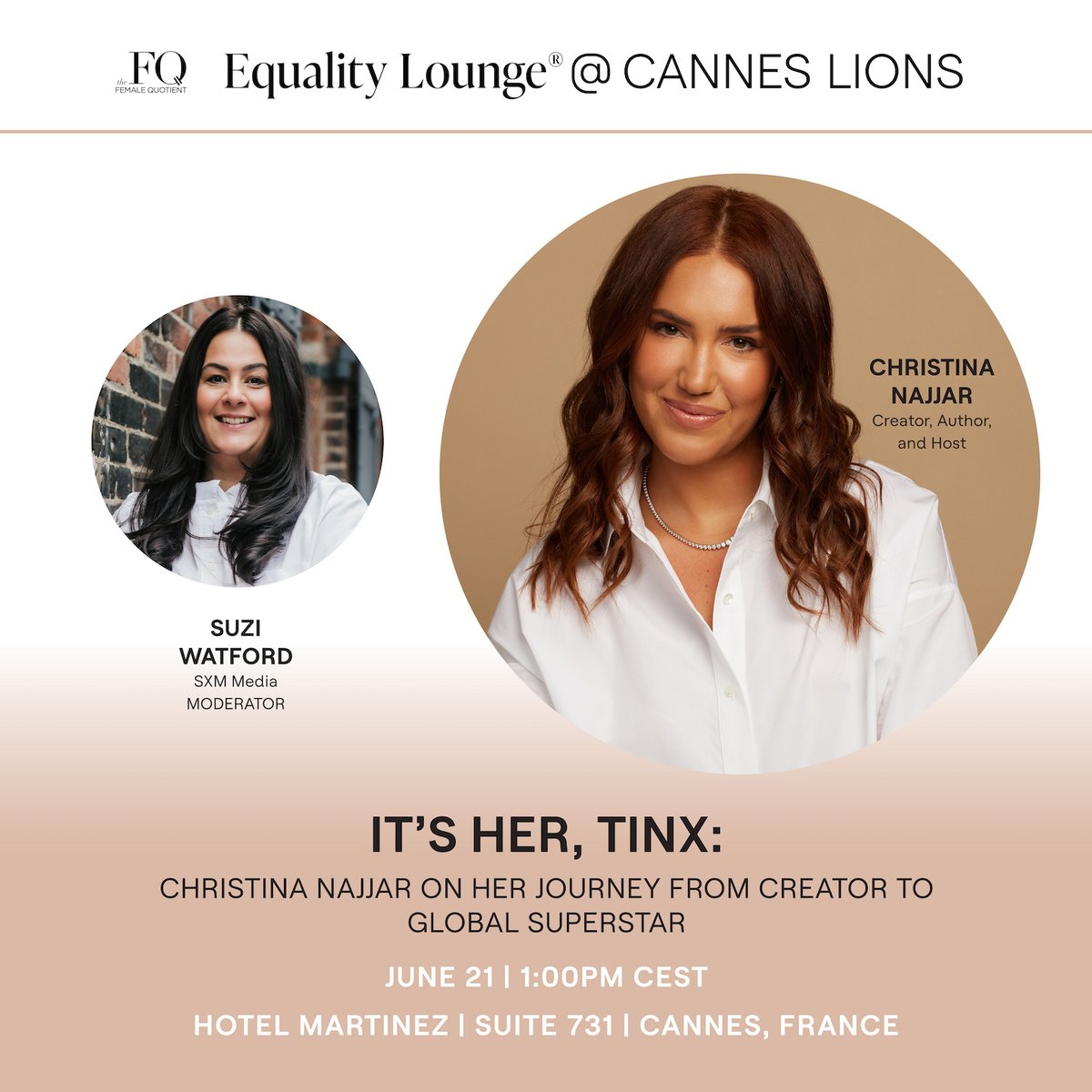 SiriusXMMedia's tweet image. How'd she do it? From satirizing rich moms on #TikTok to a global brand, #Tinx will take us on her journey of self-discovery to fame. 

Join here: bit.ly/3qR44bQ

@FemaleQuotient #EqualityLounge @Cannes_Lions