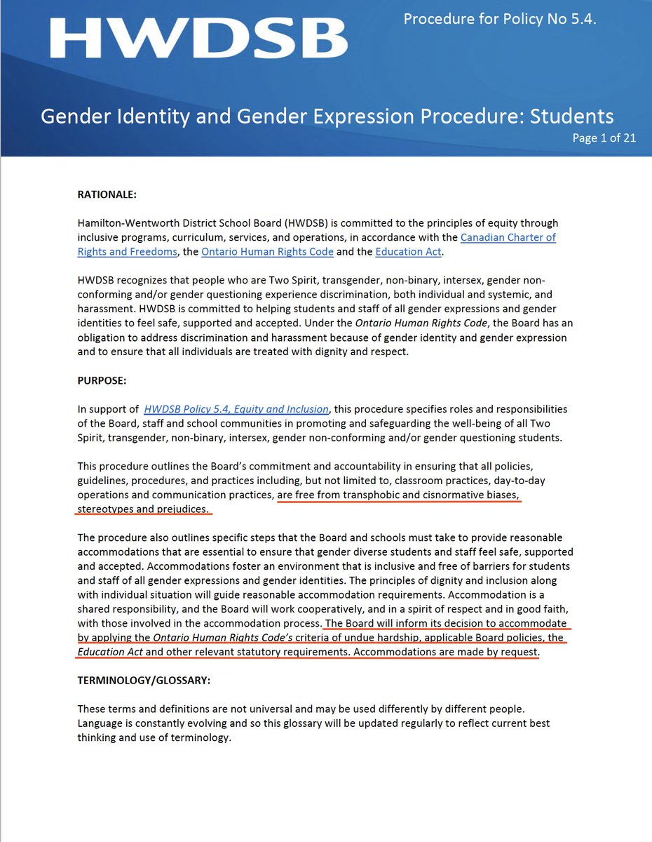 Full 21-page HWDSB policy on Gender Identity & Gender Expression for students that will compel speech, deny religious rights, parental involvement in social transition, and students' access to sex-segregated spaces. 

This policy gets more intense as you read through.