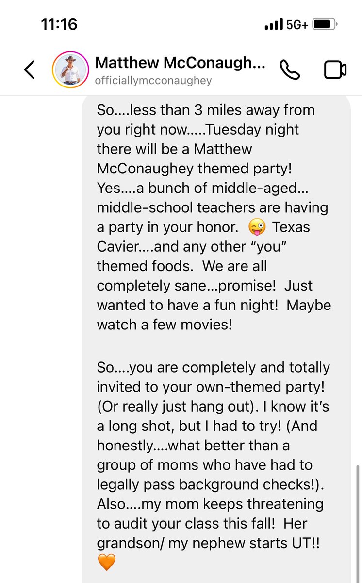 willismath6's tweet photo. @McConaughey 
Here’s your official invitation!  Tried sending on instagram!  🧡 https://t.co/bwLyrWwkGb