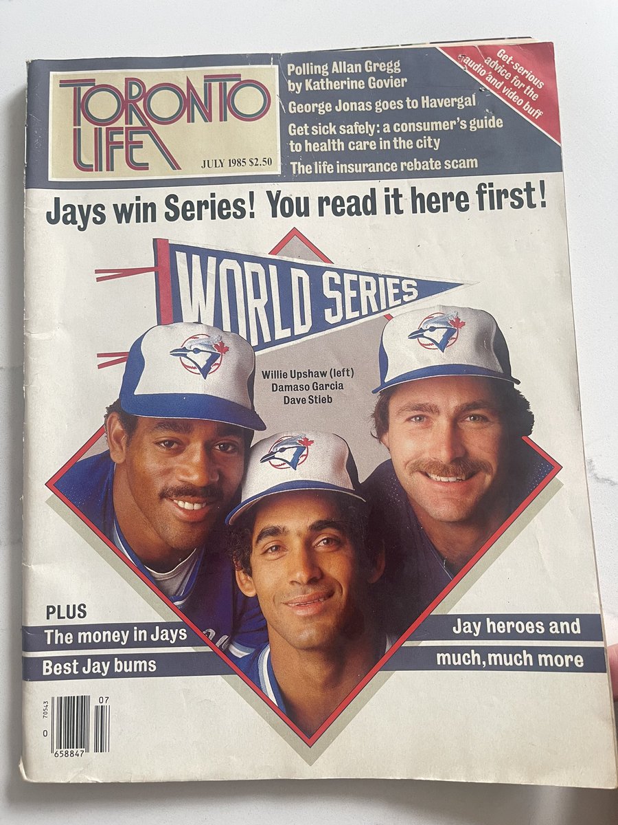 EricaDymond's tweet photo. My neighbour has been giving me her brother’s old Jays’ stuff from their basement. This one was worth the tweet. 
#bluejays #bluejaysmemorabilia https://t.co/mLMh72CNCn