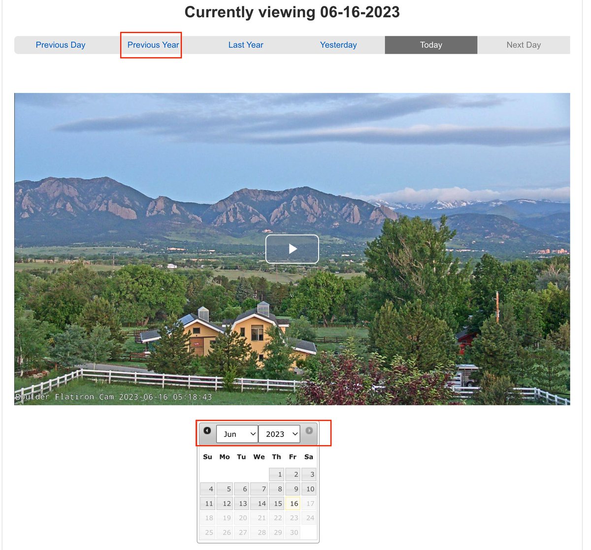 The time lapse and archive feature has been fixed for Louisville and Superior views.  Videos now work for past days.  The previous year link let's you go back in time and the calendar now allows selection of the year.  Archives back to 2009 for Louisville! boulderflatironcam.com/louisville/06-…