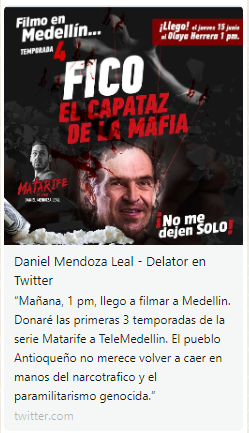 CESARAMEJIA's tweet photo. ¿Está pagando @QuinteroCalle, con presupuesto de @AlcaldiadeMed la grabación de #Matarife2 de @elquelosdelata?
¿Utilizan recursos públicos para difamar y dañar?
@PGN_COL @CGR_Colombia @FiscaliaCol @FicoGutierrez @CIDH https://t.co/5oXhggzlsL