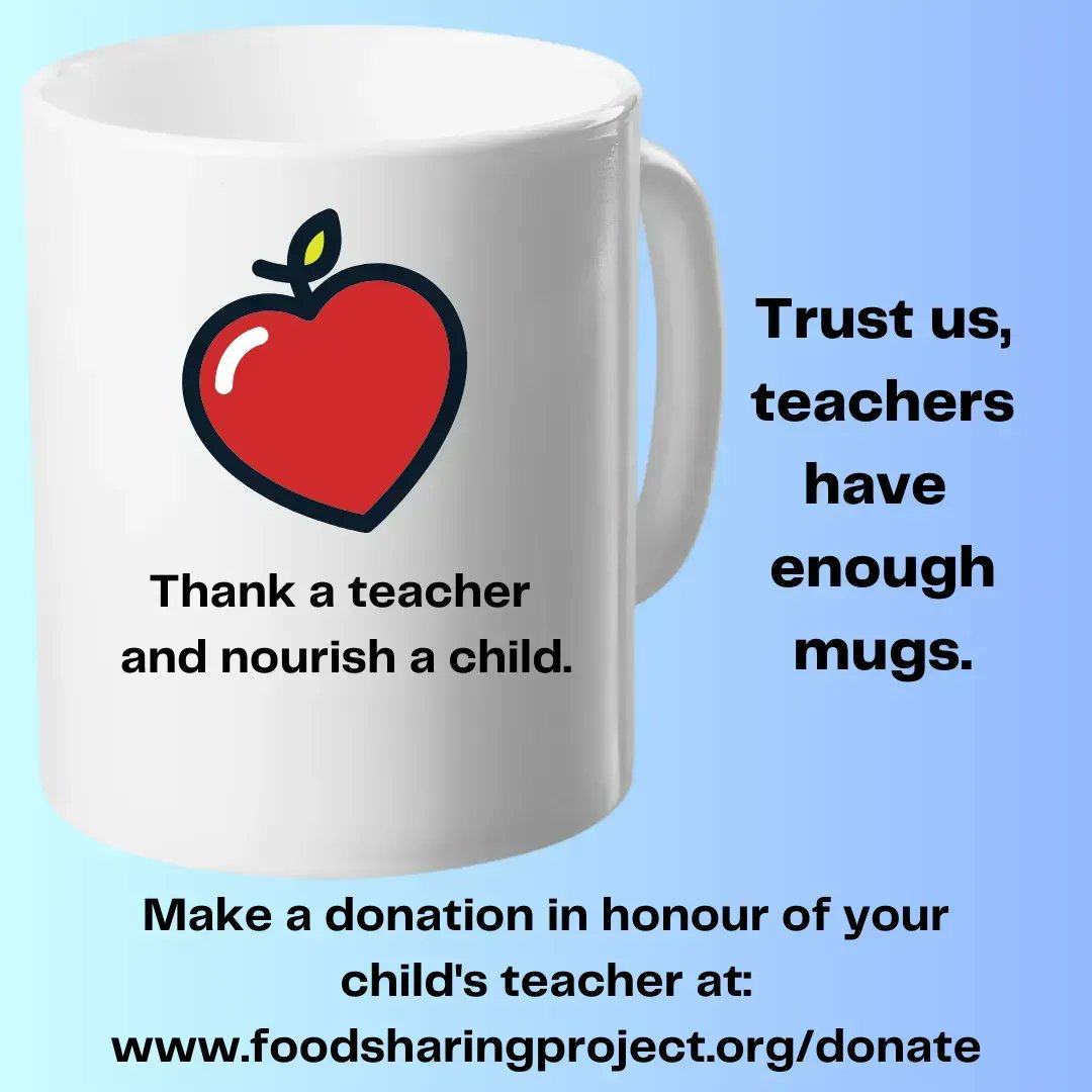 Teachers and school staff deserve every display of appreciation we can give.  What they likely don't need is another mug. 😆 Why not make a donation in honour of a special school staff and e-mail them a card right from our website? foodsharingproject.org/donate  <a href="/LDSBPIC/">Limestone DSB PIC</a> <a href="/unitedwaykfla/">United Way KFL&A</a>