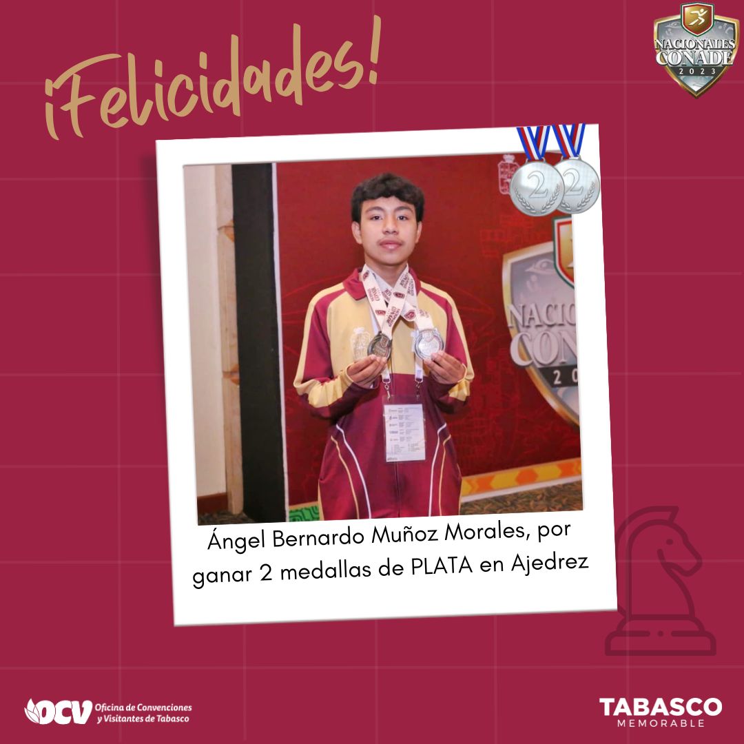 OCV_Tabasco's tweet photo. ¡Felicidades! #OrgulloDeTabasco
Ángel Bernardo Muñoz Morales, por ganar 2 medallas de PLATA en Ajedrez
#2023AñoDelDeporteTabasqueño #NacionalesCONADE2023 #CONADE https://t.co/OLFqvT5sSz