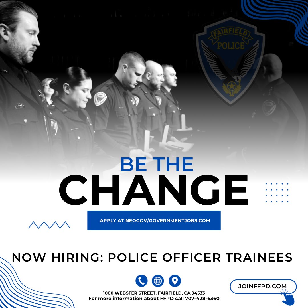 FairfieldPolice's tweet photo. Be the Change. #FFPD is now hiring Police Officer Trainees. Salary Range:
$77,935.52 - $99,467.68
Full description, requirements and application at https://t.co/0kQFRy3zOs. Applications close June 29. #TogetherWeAreFairfield https://t.co/LgR8v6kyN9