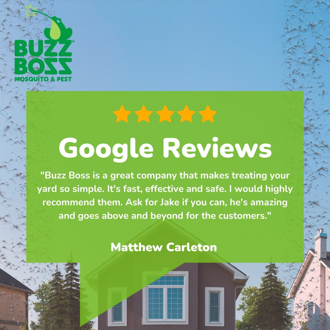 realbuzzboss's tweet photo. Love seeing those five-star 🤩 reviews! Thanks, Matthew, for your kind words! Shout out to our Buzz Boss, Jake, for giving excellent service! #BuzzBoss #FiveStarReview #PestControl #PestDefense #BiteBackWithBuzzBoss #ShowThemWhosBoss https://t.co/zPIcD74XdJ