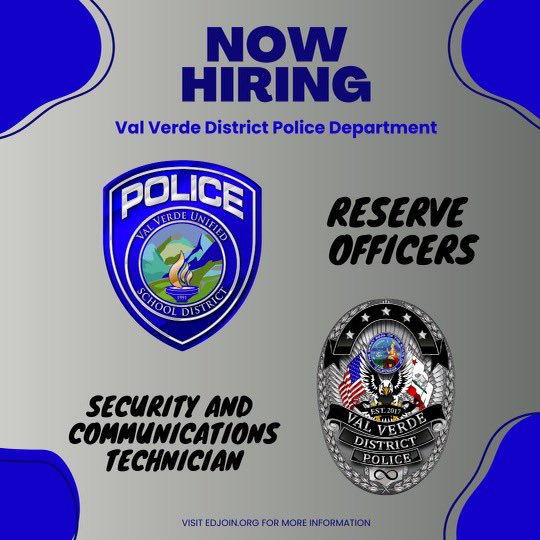 We are currently accepting applications for Reserve Officers and Security and Communication Technician! Please go to EdJoin.org for more information.