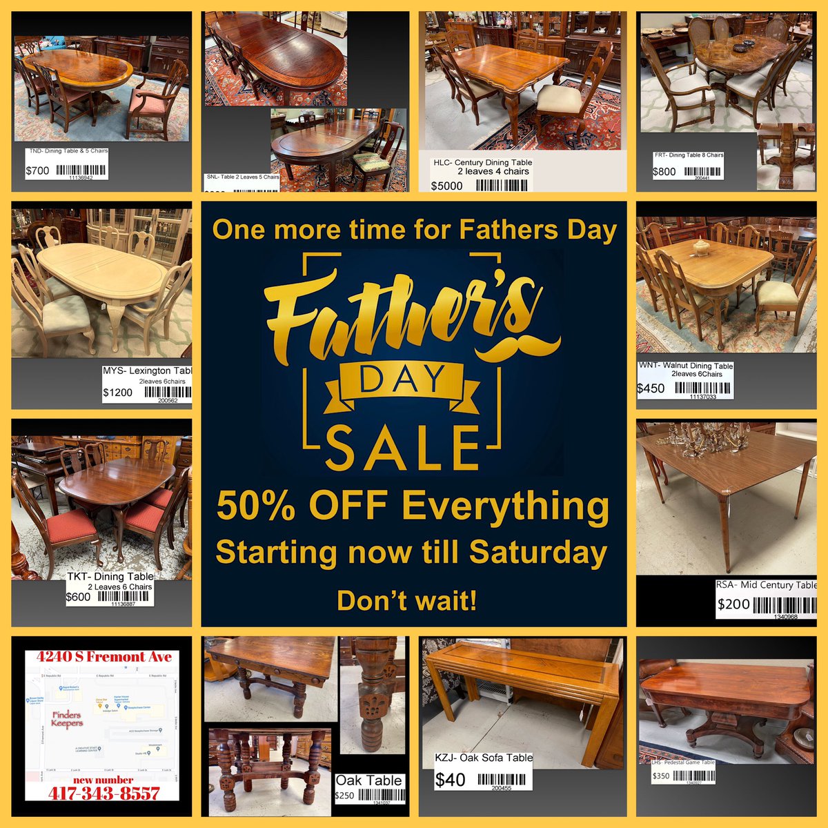 🆕🏷️We got a really nice dining table in and one more time for Fathers Day 50% OFF everything till Saturday 17th. #antique #antiques #vintage #homefurnishings #furnishings #springfieldmissouri #finderskeepers #consignment #furniture #glassware #artwork