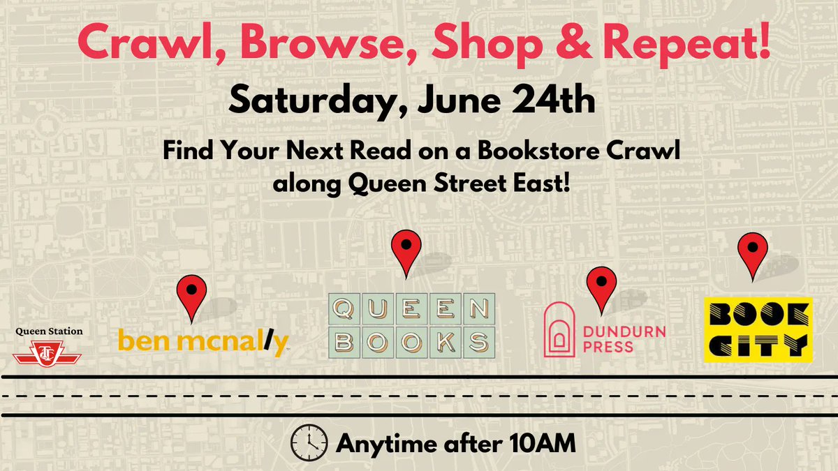 Our Queen Street East Bookstore Crawl is happening next Saturday! Will you be book shopping at <a href="/BenMcNallyBooks/">Ben McNally Books</a>, @QueenBooksTO, our Dundurn Press Bookshop, and <a href="/BookCityTO/">Book City</a>? Get all the details here: buff.ly/43G320G

#Toronto #TorontoEvents #Bookstores #Books #BookTwt