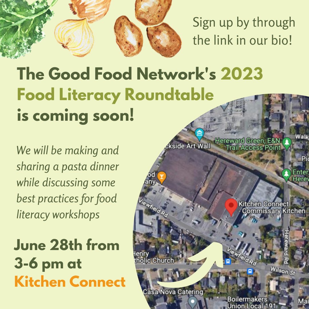 The Good Food Network's annual Food Literacy Roundtable is coming up soon! 

Some spots are still available to register for this year's free event. The event will take place on June 28th from 3-6 pm at the Kitchen Connect Facility (808 Viewfield Road).  

ow.ly/QlmV50OPG8t