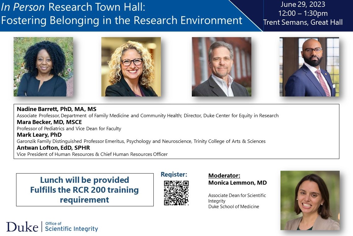 Duke Clinical and Translational Science Institute (@duke_ctsi) on Twitter photo CTSI's Nadine Barrett, PhD, is among presenters for an in-person research town hall on June 29 about fostering belonging. Hosted by the Duke Office of Scientific Integrity. Lunch is provided. <a href="/DukeMedSchool/">Duke University School of Medicine</a>
Register ➡️ duke.is/6nkuq CTSI's Nadine Barrett, PhD, is among presenters for an in-person research town hall on June 29 about fostering belonging. Hosted by the Duke Office of Scientific Integrity. Lunch is provided. <a href="/DukeMedSchool/">Duke University School of Medicine</a>
Register ➡️ duke.is/6nkuq