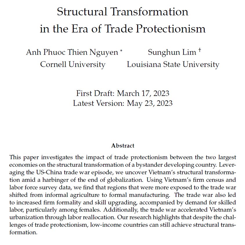 Who is the real winner of the #TradeWar?

My new working paper with Anh Nguyen @CornellDyson reveals #Vietnam as the unexpected victor amidst US-China trade tensions.

* Title: 'Structural Transformation in the Era of Trade Protectionism'

* Link: papers.ssrn.com/sol3/papers.cf…