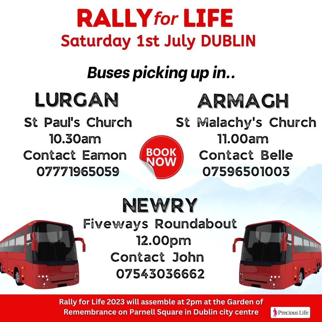 📣 2 weeks to go! 
RALLY for LIFE
Saturday 1st July • DUBLIN •
rallyforlife.net

🚍Buses leaving from Lurgan, Armagh and Newry.

Travelling from ROI?
Book your seats by emailing:
info@thelifeinstitute.net or
 📲 01 8730465
#RallyforLife #WhyWeMarch