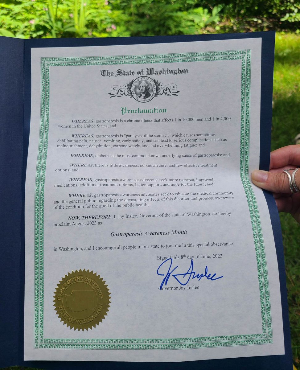 We have our first #Gastroparesis Awareness Month State Proclamation for 2023: Washington!

Congratulations and many thanks to our community member, Ms. Cheryl!  #CureGP
