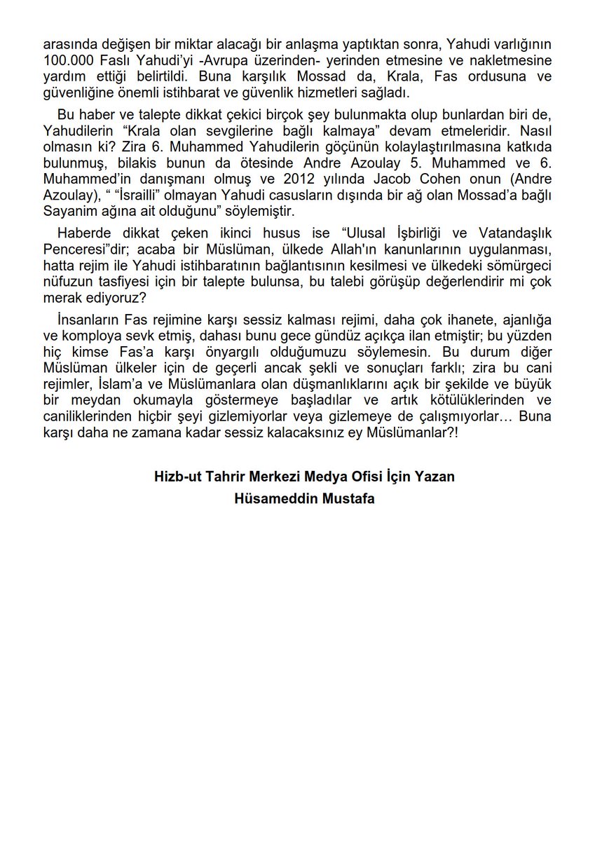 Haber-Yorum

Nerede Olursa Olsun #Fas Kökenli Her Yahudi İçin Vatandaşlık Hakkı Var!

#HüseyinBinMesud #Yahudivarlığı #Knesset #Mossad #ABD #Avrupa

#HizbutTahrir Merkezi Medya Ofisi İçin Yazan
Hüsameddin Mustafa

hizb-uttahrir.info/tr/index.php/h…