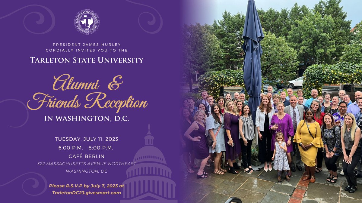 Calling all Tarleton alums in the Washington, D.C. area! Join @TarletonAlum for the Alumni & Friends Reception Tuesday, July 11 from 6 - 8 PM at @cafeberlindc (co-owned by Tarleton alumna Clytie Roberts-Glage).

R.S.V.P by July 7 here: TarletonDC23.givesmart.com