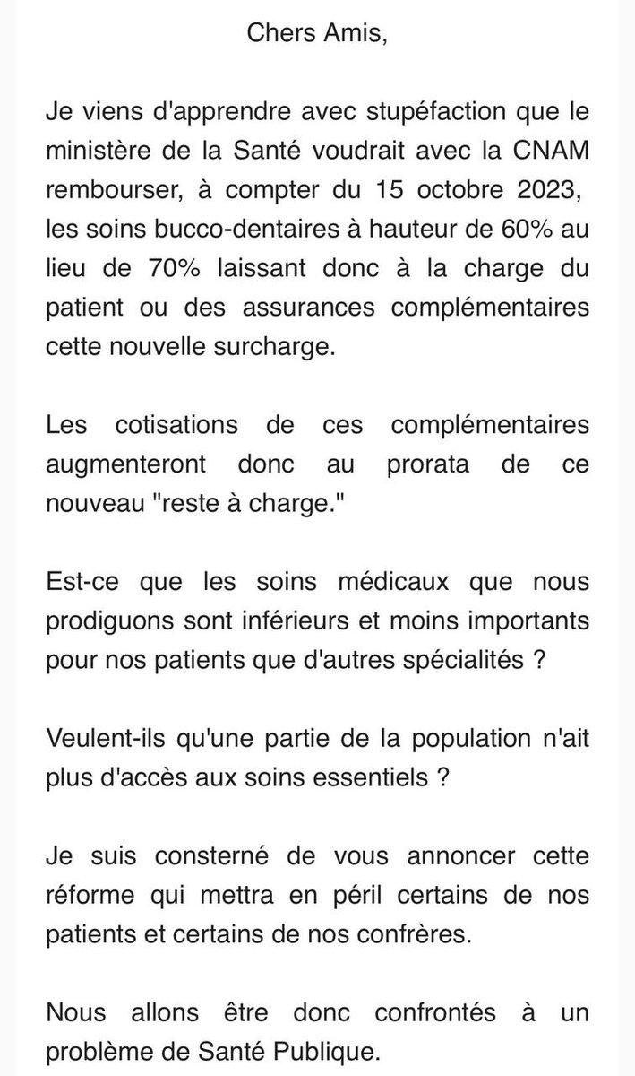 1-Réaction de l’ordre des chirurgiens dentistes suite à la décision du gouvernement de baisser le remboursement des soins par la Sécu : « Je suis consterné de vous annoncer cette réforme qui mettra en péril certains de nos patients et ...(à suivre)