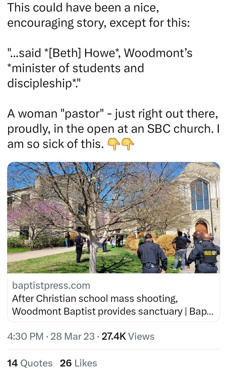 This is the endgame for many that supported the Law Amendment and changing the BFM.

Notice the quote says 'minister,' but the Accuser says 'pastor.'

These people will eventually go after churches that have female ministerial staff. They've shown their hand.

#SBC23