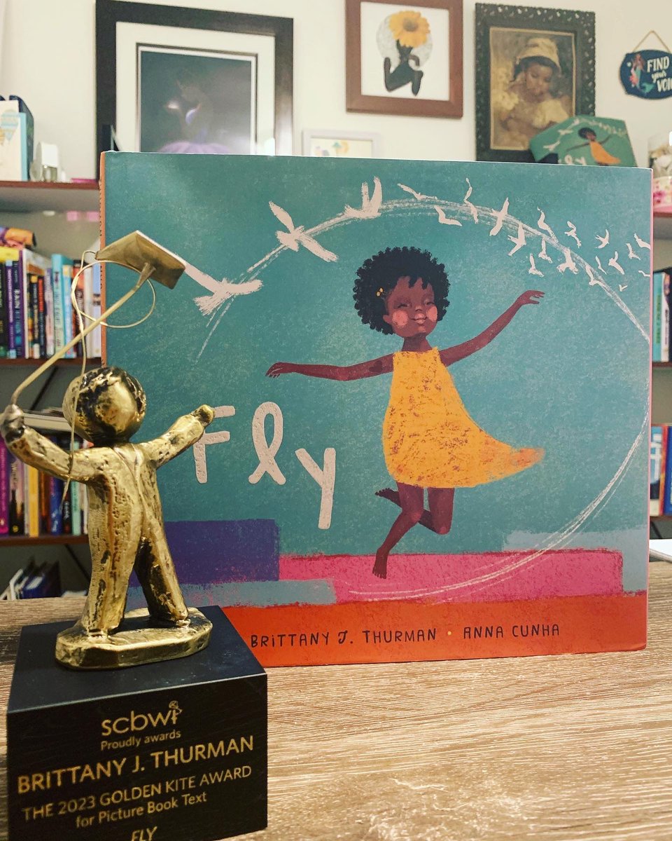 Feeling ALLLL the joyous emotions today after opening a box on my porch &amp; pulling out the Golden Kite Award! It is gorgeous next to Fly &amp; I am in awe! 💖

So many thank you’s to <a href="/scbwi/">scbwi</a> + all involved in the selection process. 

@simonkids @GalltZacker <a href="/PBScribblers/">Picture Book Scribblers</a>