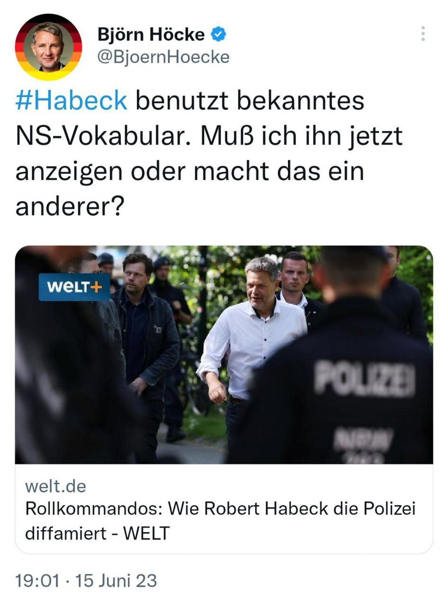 💥Habeck: 'Rollkommandos' vs Höcke: 'Alles für Deutschland'💥 Robert Habeck (Die Grünen-Wirtschaftsminister) bezeichnet die Polizei als 'Rollkommandos' - Wissen (Geschichte): Mit Rollkommandos bezeichnet man Schlägerbanden von SA und SS !!! -welt 👇 t.me/stan_nachricht…