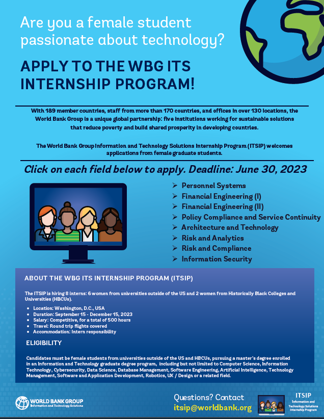 AnnaDMV's tweet photo. Calling all female STEM Graduate students! World Bank Group ITS is hiring interns from September - December 2023. Apply now! https://t.co/mcHWkfLalq https://t.co/JjsG1aN4qU