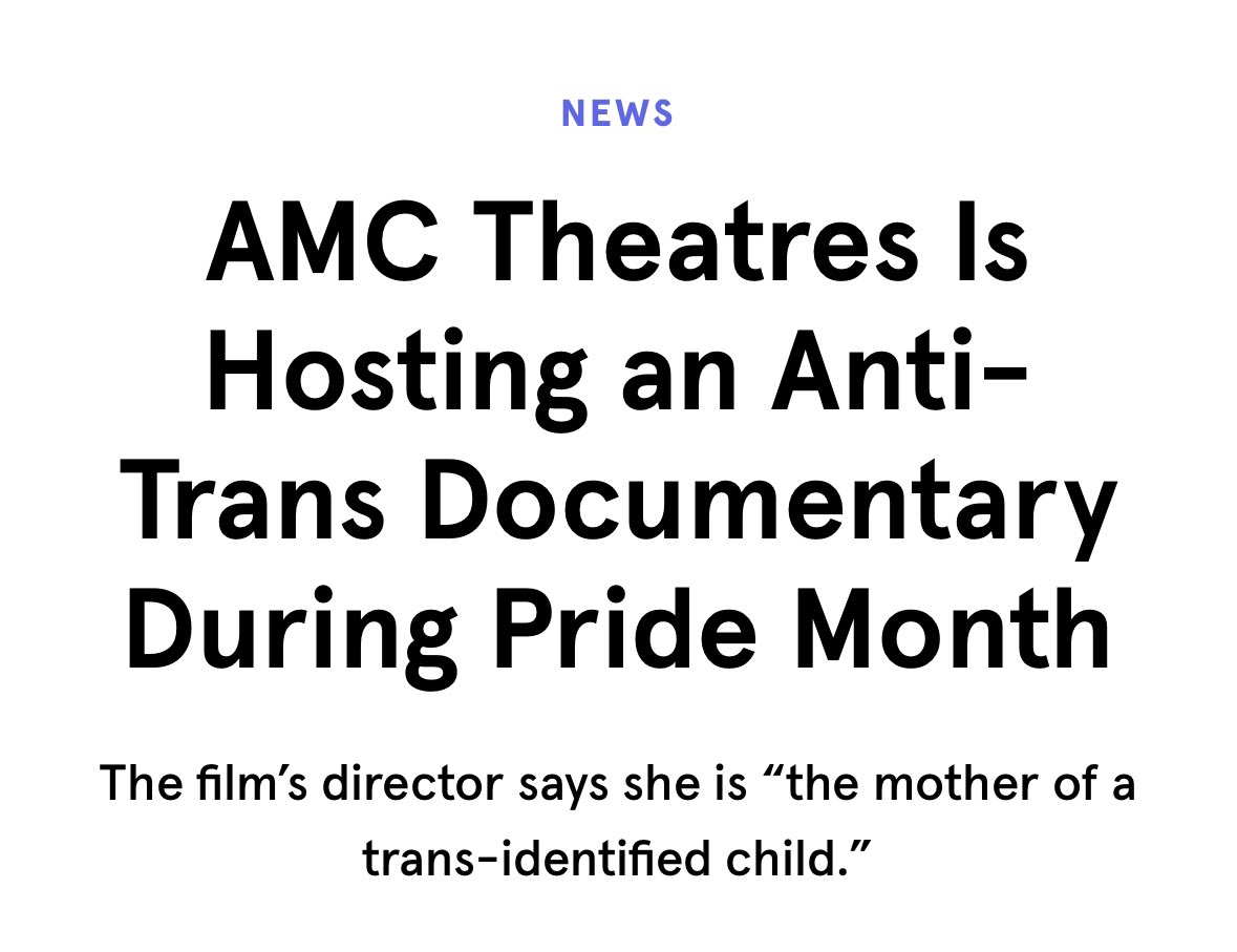 AMC is celebrating Pride Month by platforming an anti-trans propaganda film across the country.

@AMCTheatres is feeding into the lie that kids are being tricked into being trans, when the data actually shows that only 1% of trans people de-transition.

This is truly shameful. 🧵