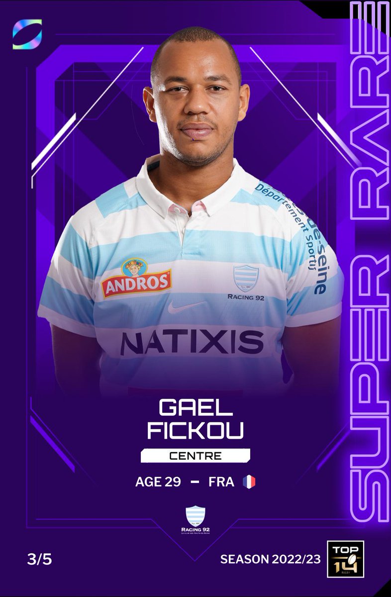 Super rare Gael Fickou card has been sold for 162.89 MATIC.

Club: Racing 92
Position: Centre
Score: 91