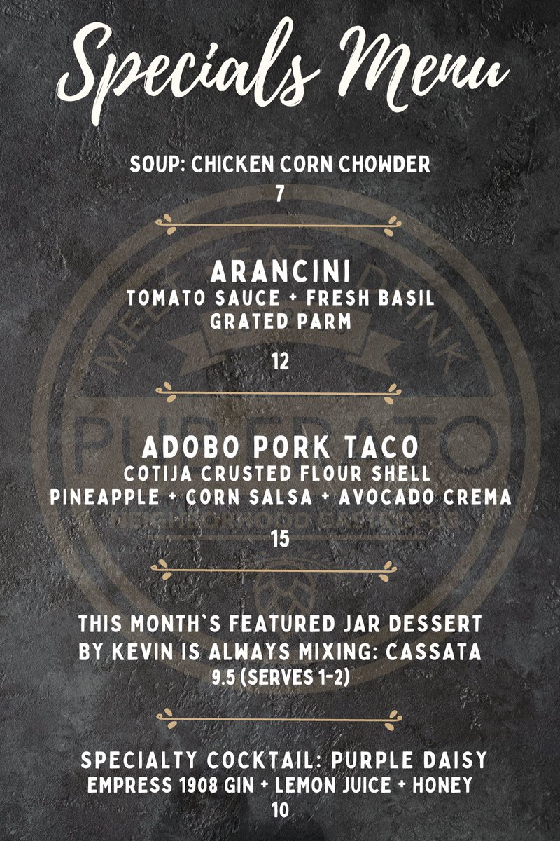 PubFrato's tweet photo. This weekend's SPECIALS!
ARANCINI: fresh mozz surrounded by rice &amp; deep fried.  Topped w/tomato sauce, fresh basil &amp; grated parm.
ADOBO PORK TACOS: Cotija crusted tortilla filled w/adobo pork, corn salsa, pineapple, cilantro &amp; avo crema.
While they last- the tacos fly out fast! https://t.co/kSzmWlR7Fl
