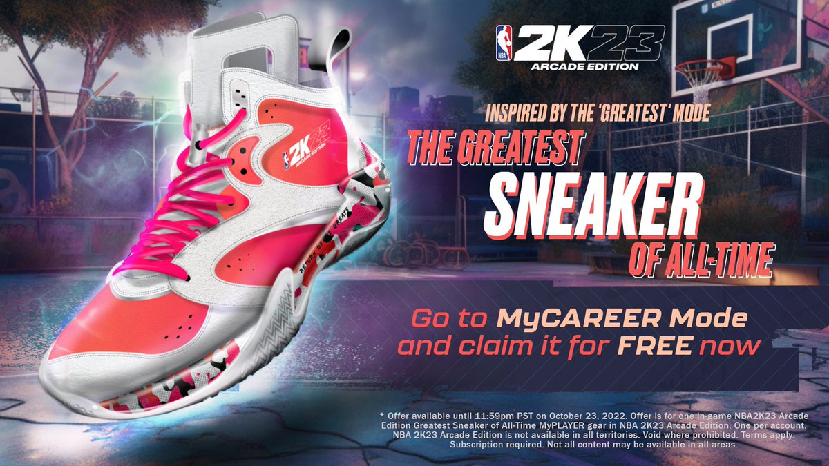 For a limited time only, redeem the @TheShoeSurgeon designed Greatest Sneakers of All-Time inspired by the 'Greatest' Mode for free from the main menu in-game exclusively on #NBA2K23ArcadeEdition. 

🤯 Download now on @AppleArcade 📲 apple.co/3N93yxs