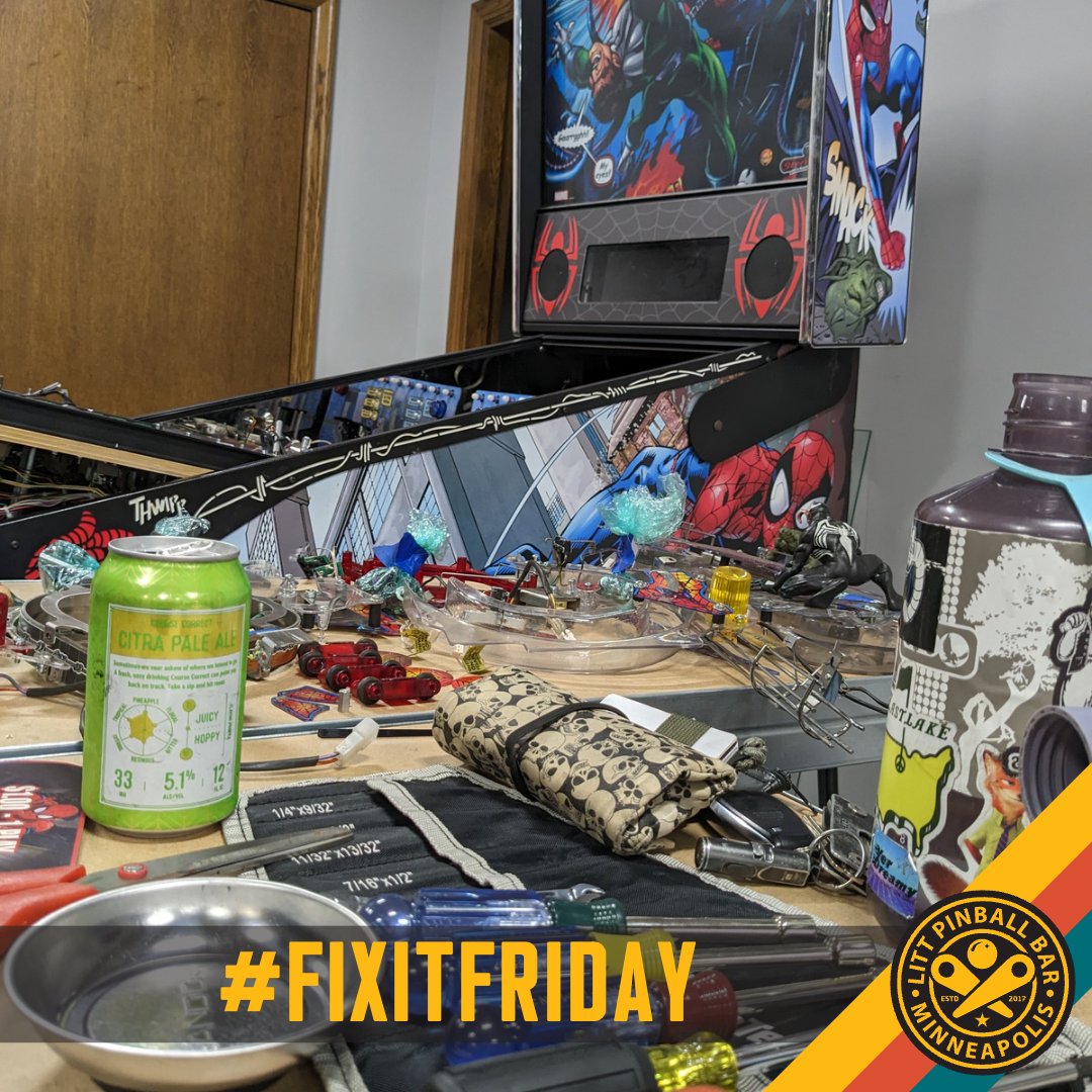 littpinballbar's tweet photo. Spider-Man goes under the knife (under the wrench?) for this week's #fixitfriday 🕷️
#pinball #pintech #littpinballbar #spiderman #fixit https://t.co/25QkNFM7bM