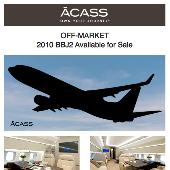 Off-market - 2010 #BBJ2 available for sale at ACASS
More details at: https://t.co/dZijVK3QV8
#bizav #aircraftforsale #privatejet #privateflying #jetforsale #businessaviation

Join our mailing list here: https://t.co/Qb5ensamRB