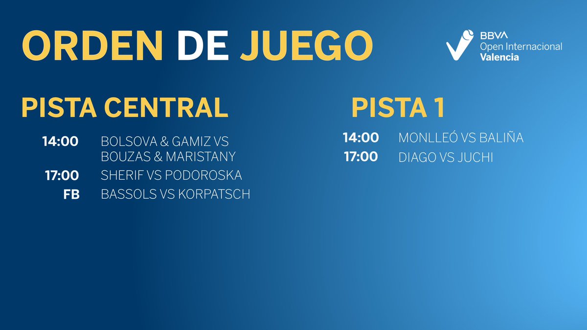 BBVA Open Internacional de Valencia (@bbvaopenval) on Twitter photo 🎾 ORDEN DE JUEGO 🎾
🗓️ Sábado, 17 de junio
⏰ 2.00 pm
📍 <a href="/Sportingtenis/">Sporting Club de Tenis</a>
<a href="/WTA/">wta</a> | <a href="/WTA_Espanol/">WTA Español</a> | #BBVAOpenVal 🎾 ORDEN DE JUEGO 🎾
🗓️ Sábado, 17 de junio
⏰ 2.00 pm
📍 <a href="/Sportingtenis/">Sporting Club de Tenis</a>
<a href="/WTA/">wta</a> | <a href="/WTA_Espanol/">WTA Español</a> | #BBVAOpenVal