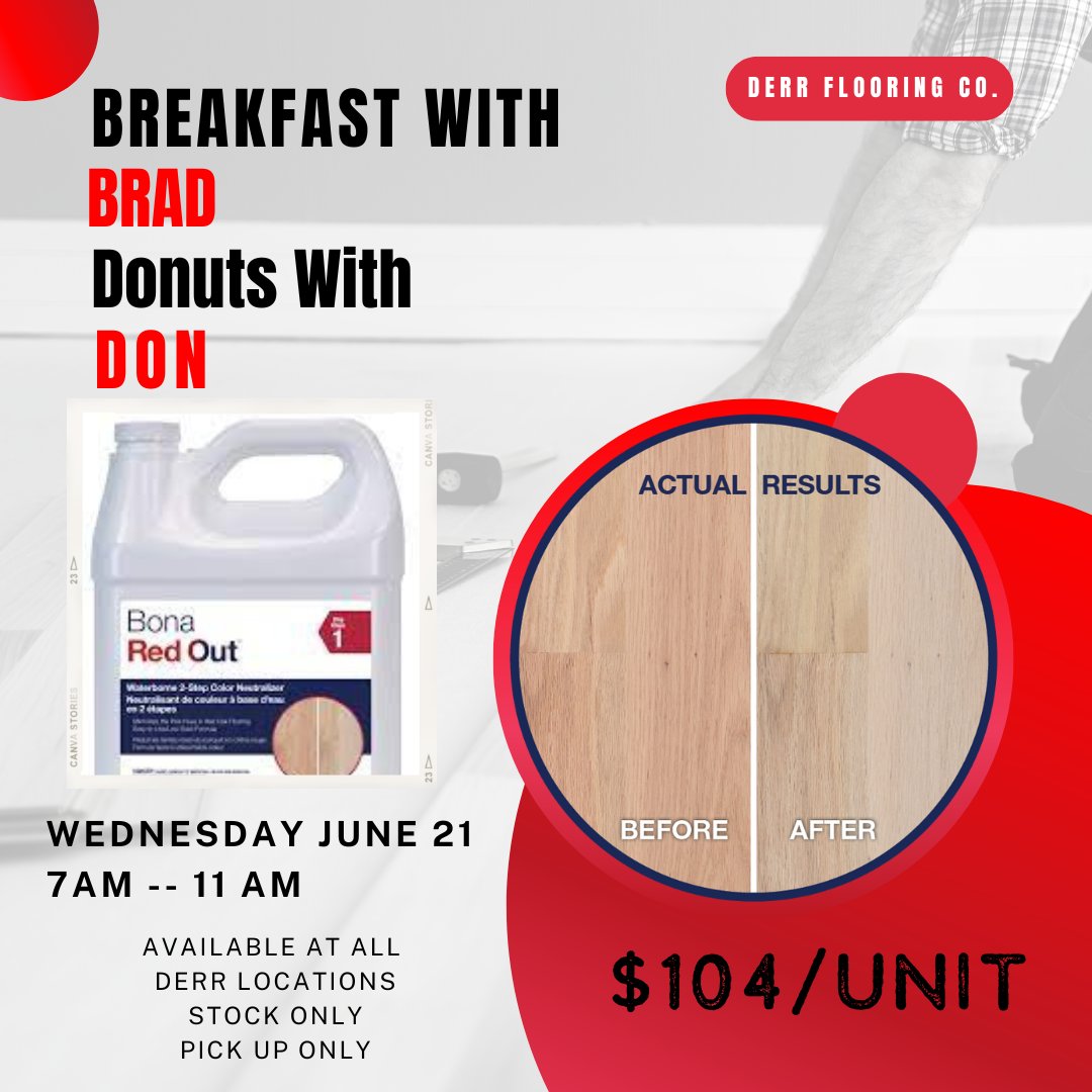 This Wednesday at all Derr locations!

#derrflooring #wholesaleflooring #bonaredout #bona #floorfinish #flooringsupplies #discountedproduct #contractors