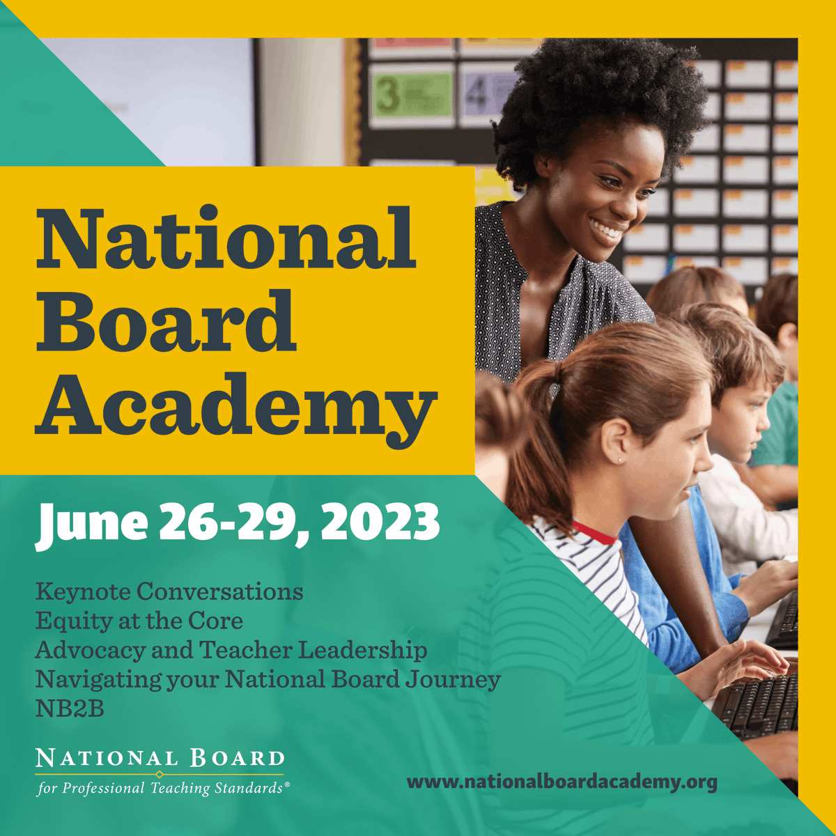 Join the free #NBAcademy June 26-29 to hear compelling speakers in conversation on current topics in education and addressing equity-focused change, teacher leadership, and going through the National Board process. #NBCTstrong hubs.ly/Q01TNMz90