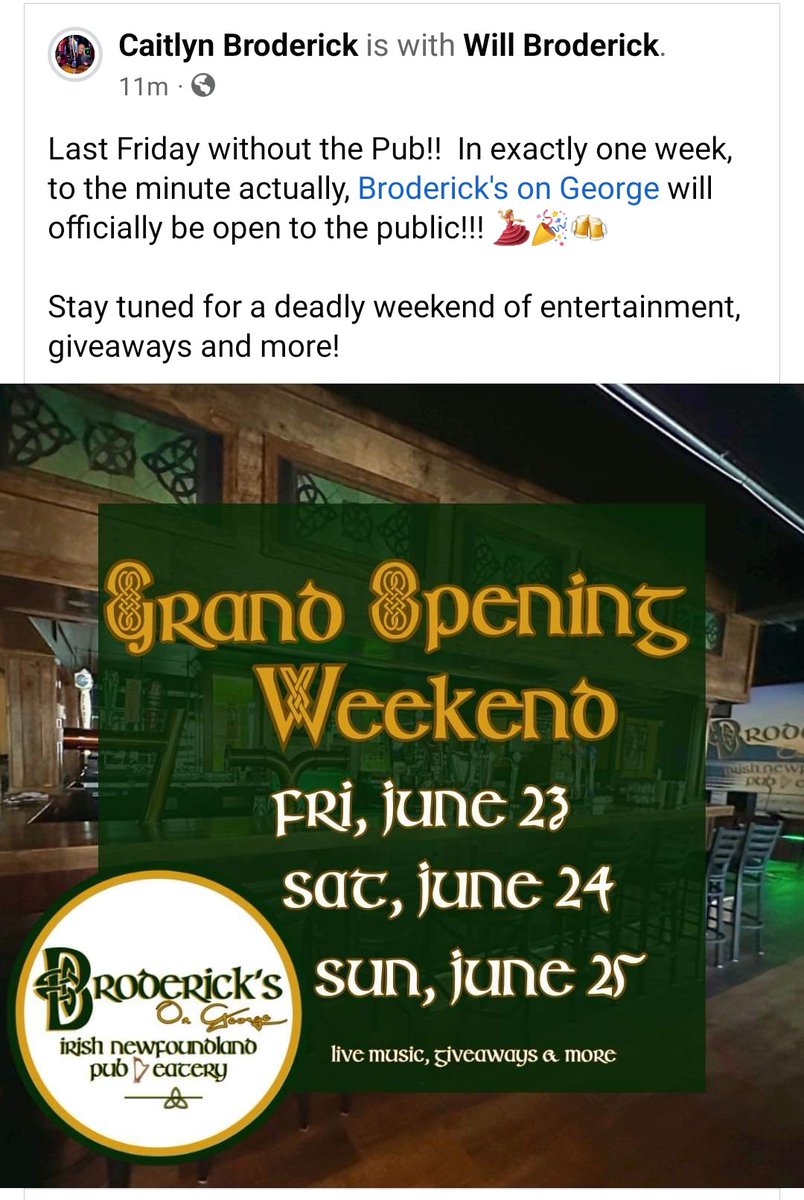 1 week, Grand Opening!!!
😊🍀🎵🍻
#brodericksongeorge