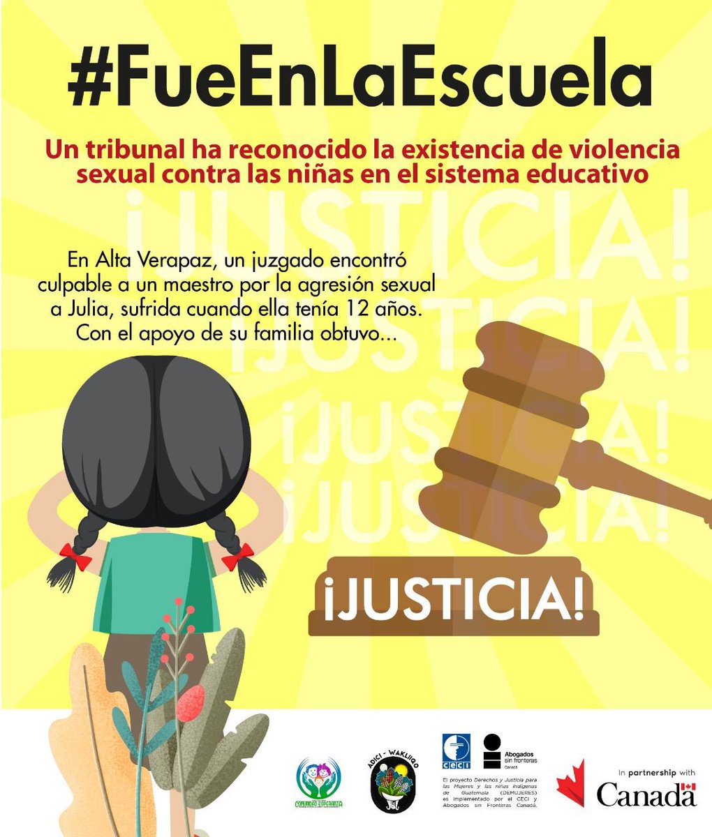 ASFC_CA's tweet image. Después de seis meses de juicio, ayer un tribunal de Alta Verapaz reconoció una vez más la existencia de violencia sexual contra niñas en el sistema educativo ¡Julia ha obtenido justicia! La sentencia es un avance importante para la no repetición de estos hechos #FueEnLaEscuela
