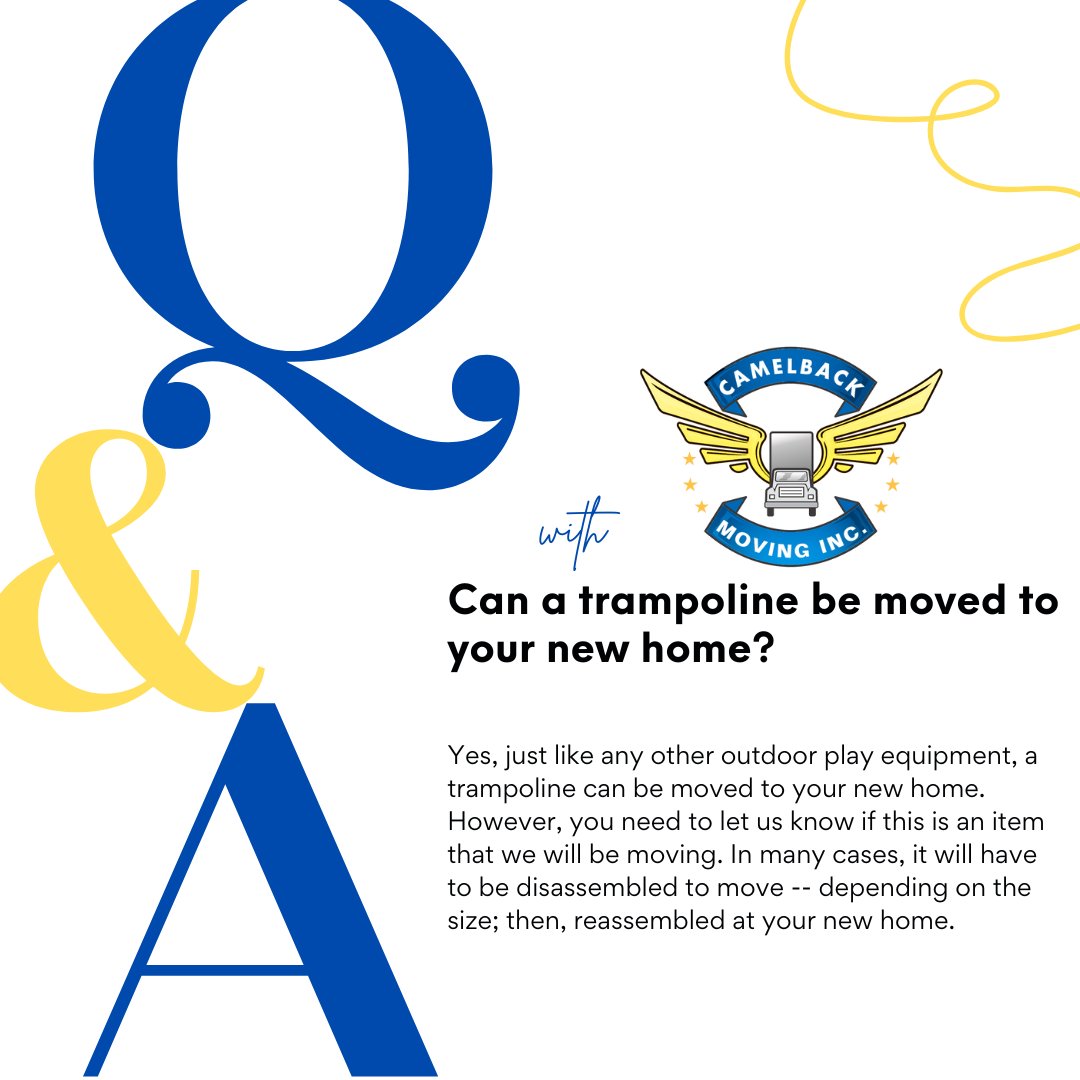 CamelbackMoving's tweet image. Trampolines are often seen in the backyards of many families -- after all, kids love them! But does it get left behind when they move? #CamelbackMoving #MovingFAQ